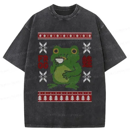Tokyo-Tiger Frog Drinking Coffee Washed T-Shirt