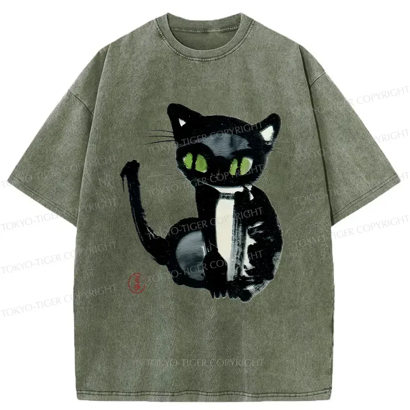 Tokyo-Tiger Ink Painting Cat Washed T-Shirt Sale