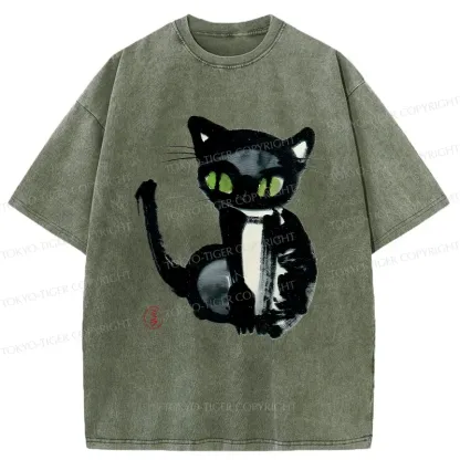 Tokyo-Tiger Ink Painting Cat Washed T-Shirt