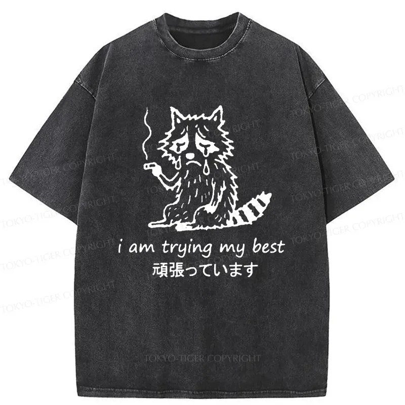 Tokyo-Tiger Raccoon Tried His Best Washed T-Shirt Sale
