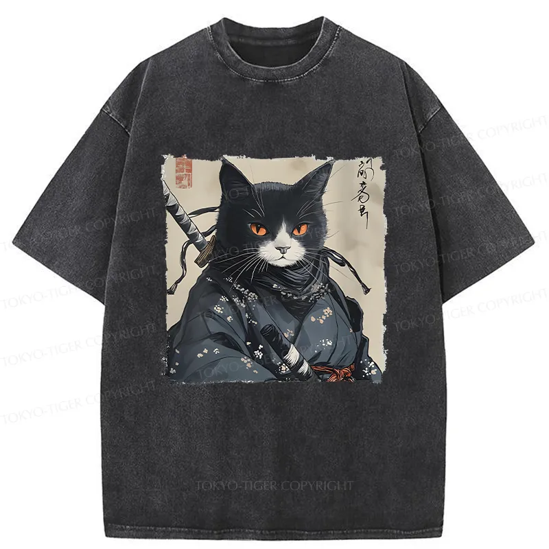 Tokyo-Tiger Handsome Samurai Cat Washed T-Shirt