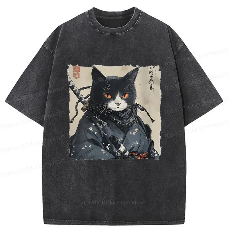 Tokyo-Tiger Handsome Samurai Cat Washed T-Shirt