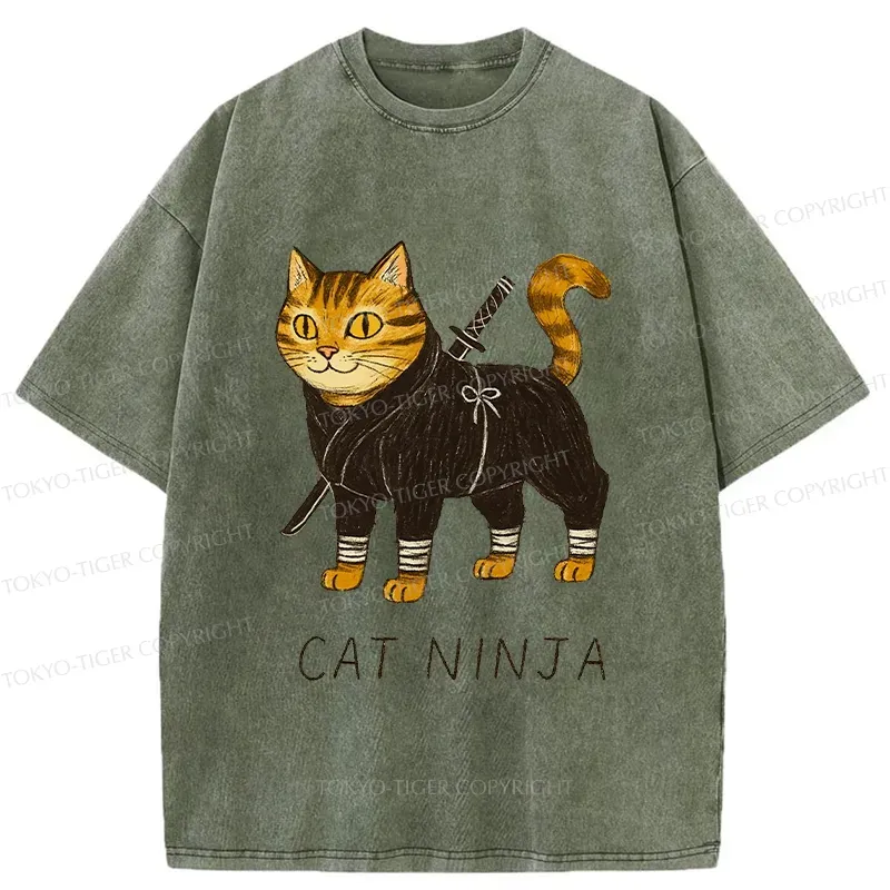 Tokyo-Tiger Cute Ninja Cat Washed T-Shirt