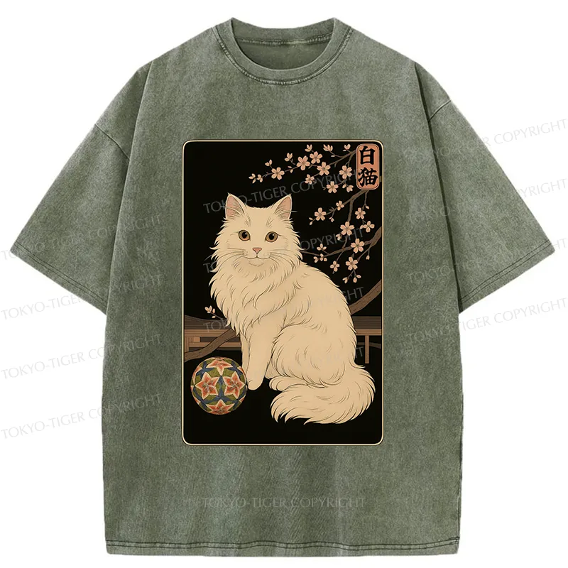 Tokyo-Tiger Retro White Cat Washed T-Shirt