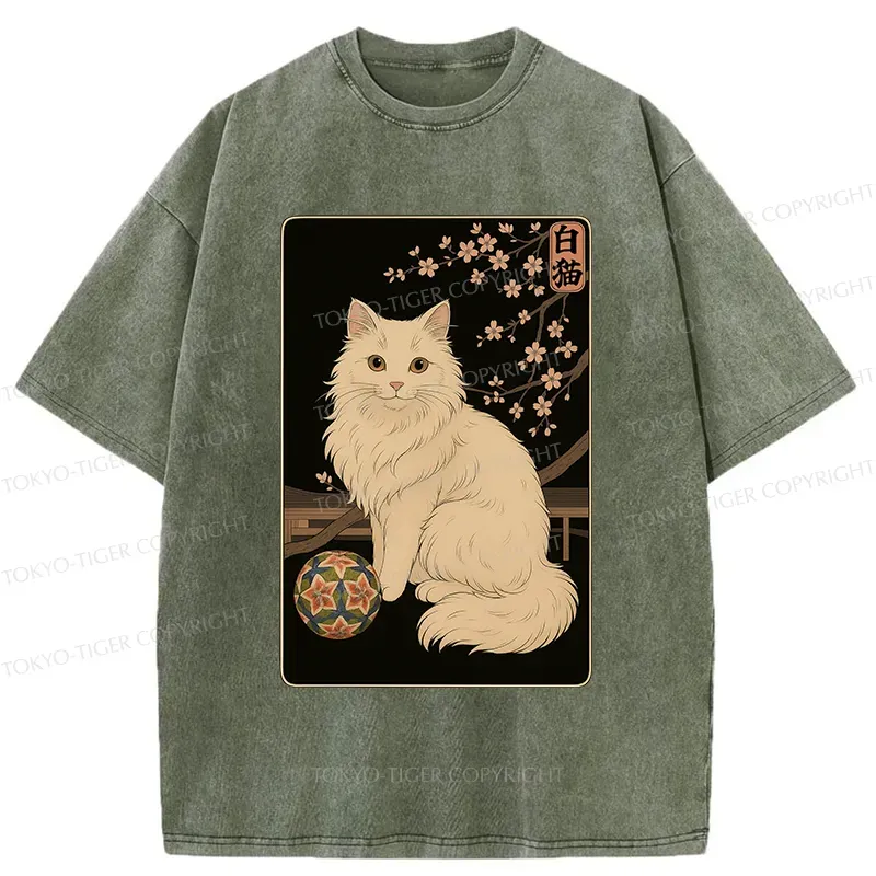Tokyo-Tiger Retro White Cat Washed T-Shirt