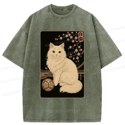 Tokyo-Tiger Retro White Cat Washed T-Shirt