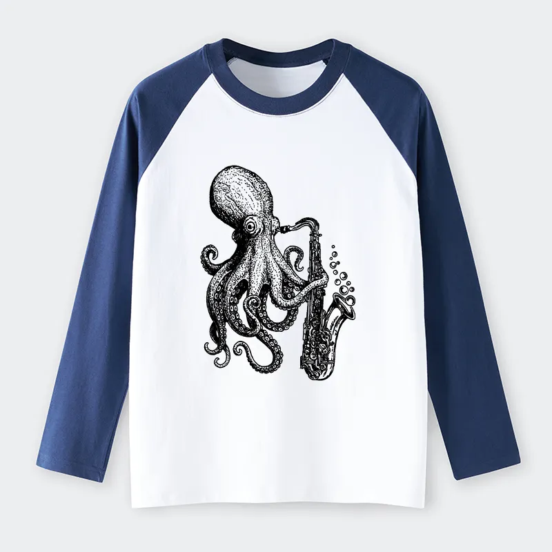 Tokyo-Tiger Octopus Playing Saxophone Raglan Long Sleeve T-shirt