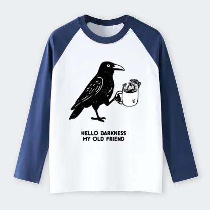 Tokyo-Tiger Crow Drinking Black Coffee Funny Raglan Long Sleeve T-shirt