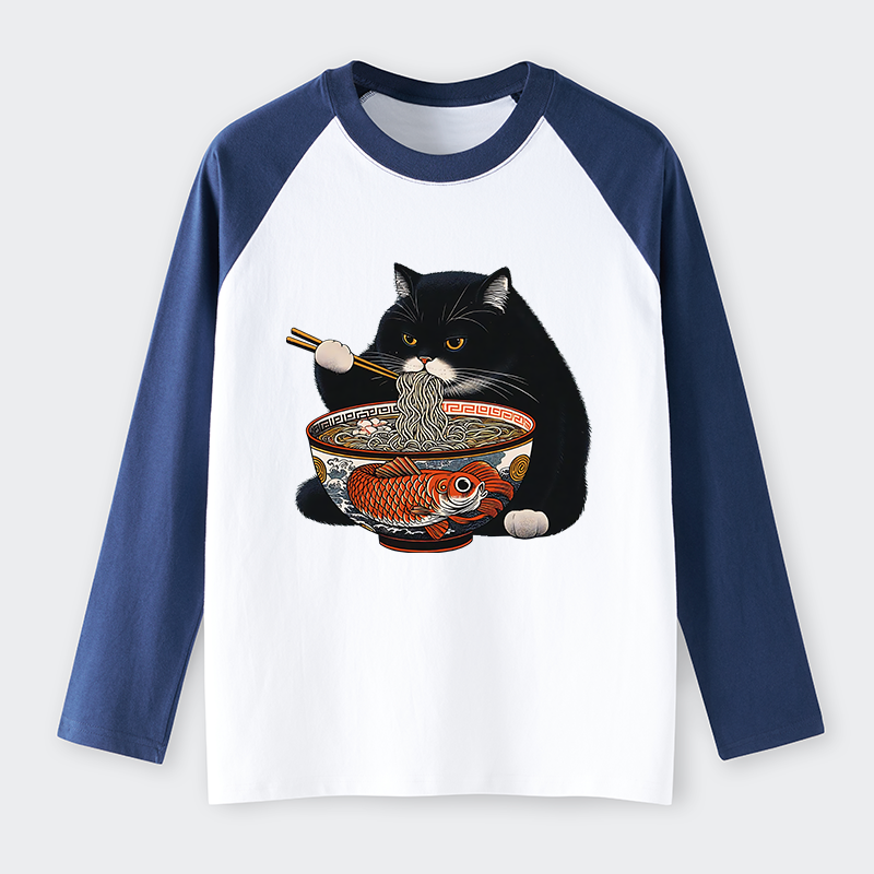 Tokyo-Tiger Fat Cat Eating Ramen Raglan Long Sleeve T-shirt