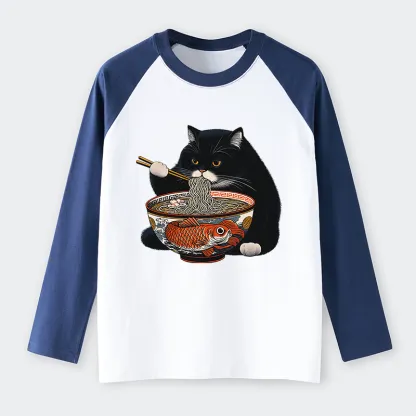 Tokyo-Tiger Fat Cat Eating Ramen Raglan Long Sleeve T-shirt
