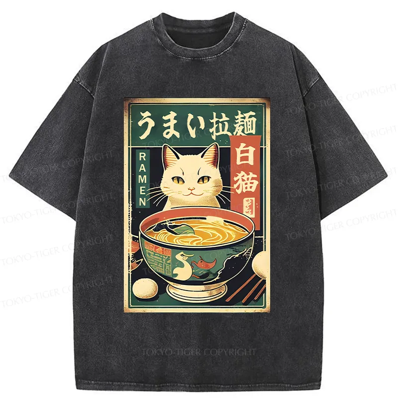 Tokyo-Tiger White Cat Eating Ramen Washed T-Shirt