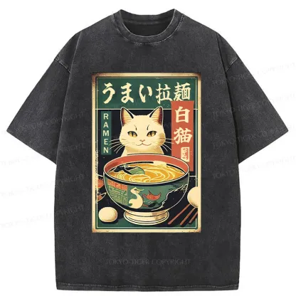 Tokyo-Tiger White Cat Eating Ramen Washed T-Shirt