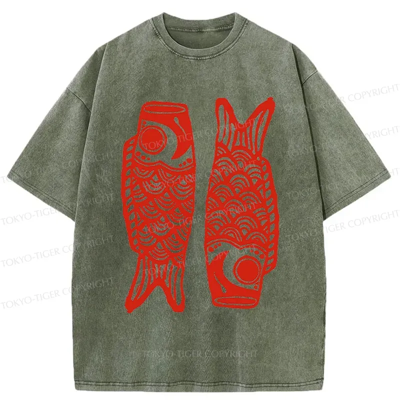 Tokyo-Tiger Retro Carp Streamer Washed T-Shirt
