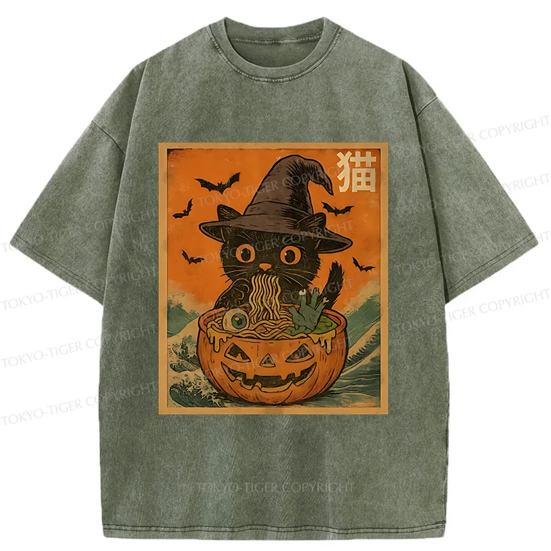 Tokyo-Tiger Halloween Cat Eating Ramen Washed T-Shirt