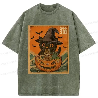Tokyo-Tiger Halloween Cat Eating Ramen Washed T-Shirt