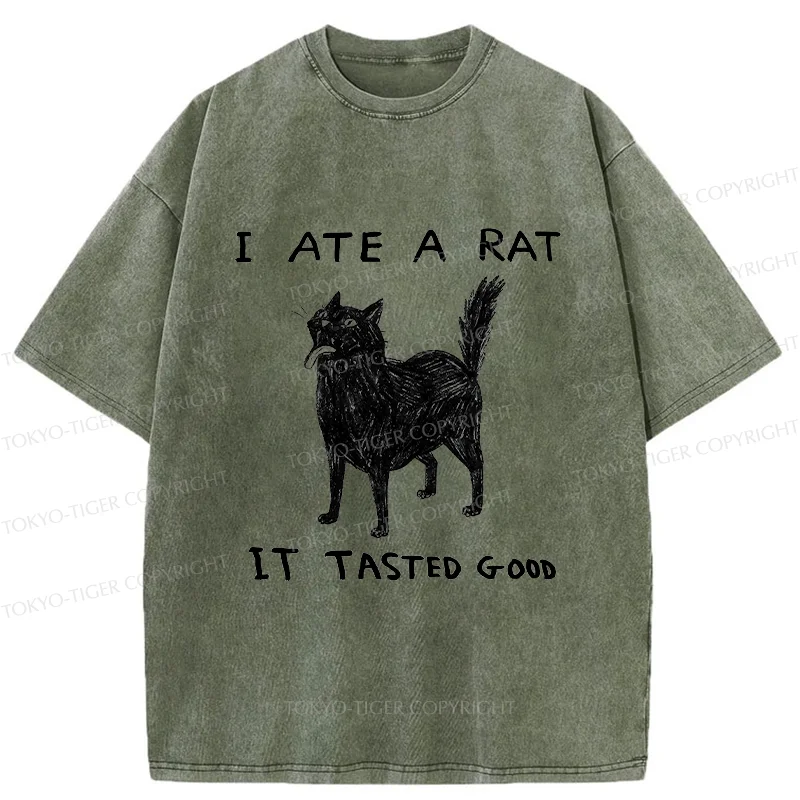 Tokyo-Tiger Cat Tasting Delicious Mouse Washed T-Shirt