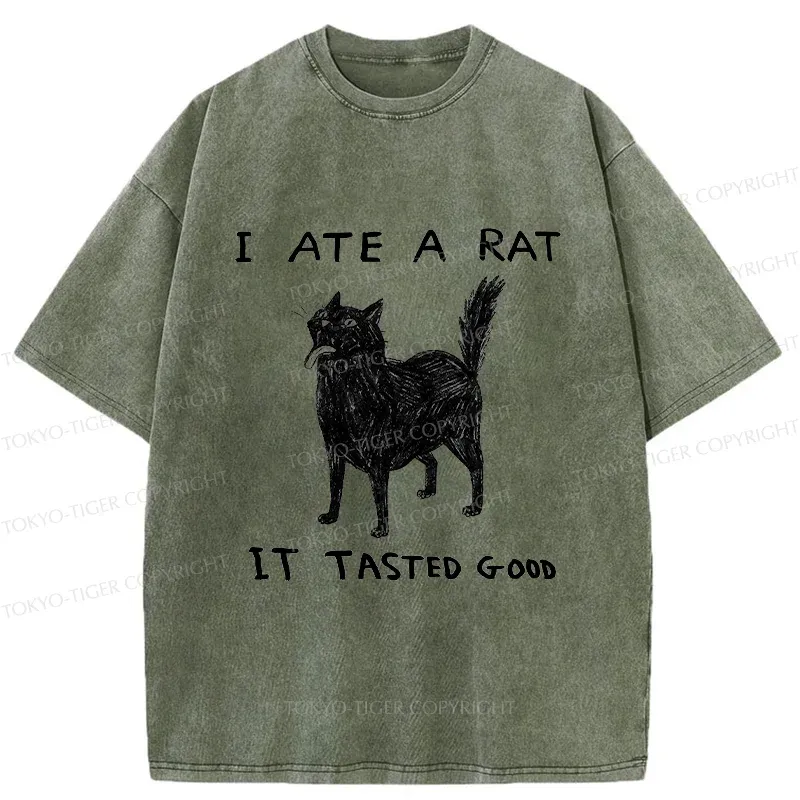 Tokyo-Tiger Cat Tasting Delicious Mouse Washed T-Shirt