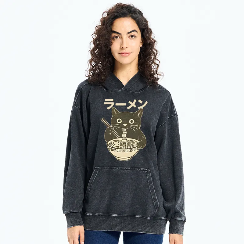 Tokyo-Tiger Simple Black Cat Eating Ramen Washed Hoodie