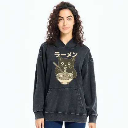 Tokyo-Tiger Simple Black Cat Eating Ramen Washed Hoodie