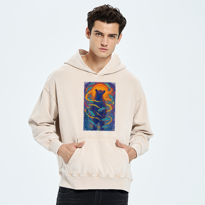 Tokyo-Tiger Ukiyoe Bear and Fish Washed Hoodie