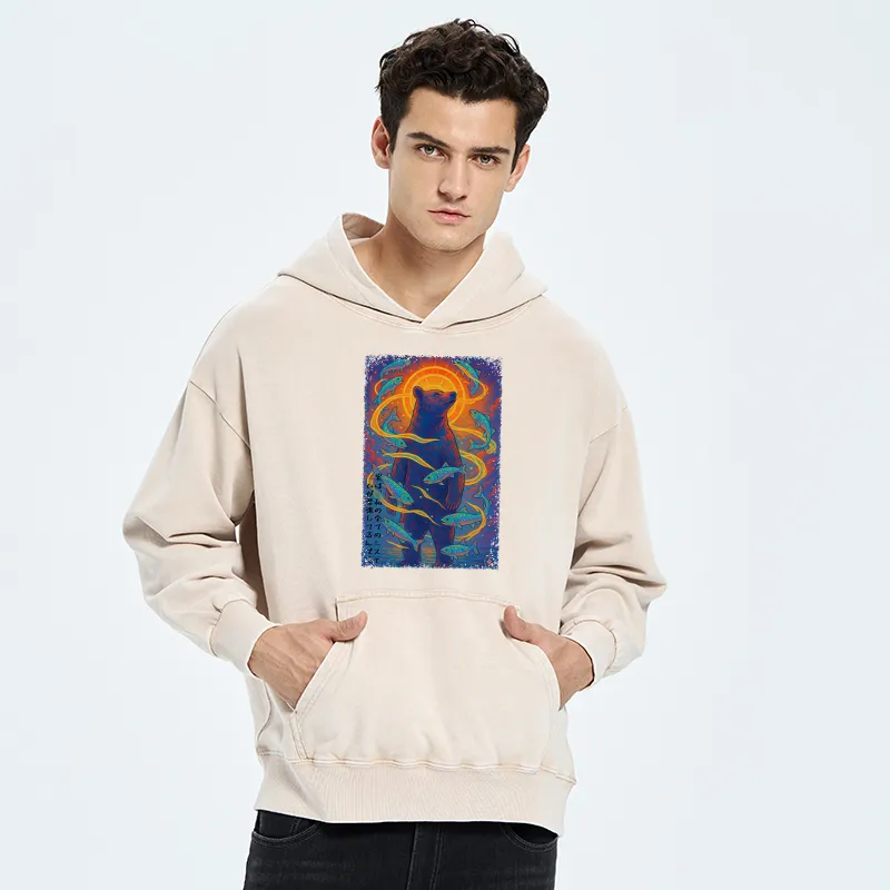 Tokyo-Tiger Ukiyoe Bear and Fish Washed Hoodie
