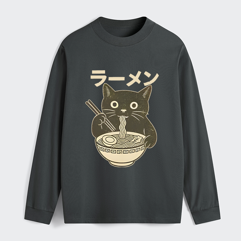 Tokyo-Tiger Simple Black Cat Eating Ramen Classic Long Sleeve T-Shirt