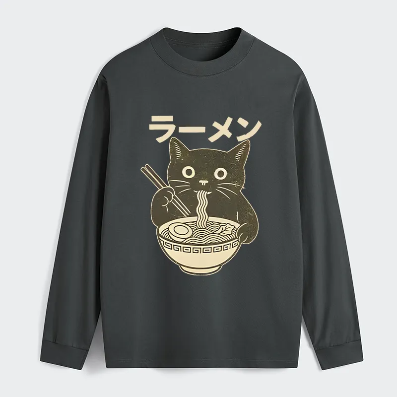 Tokyo-Tiger Simple Black Cat Eating Ramen Classic Long Sleeve T-Shirt