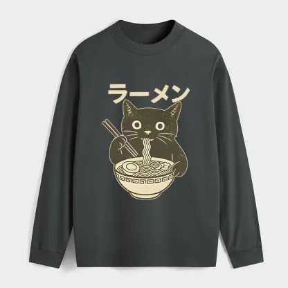 Tokyo-Tiger Simple Black Cat Eating Ramen Classic Long Sleeve T-Shirt