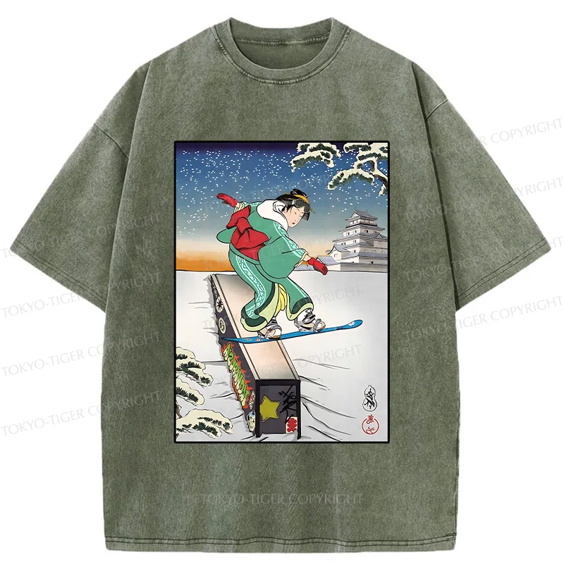 Tokyo-Tiger Skiing Geisha Washed T-Shirt