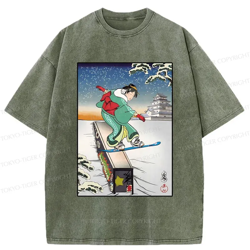 Tokyo-Tiger Skiing Geisha Washed T-Shirt