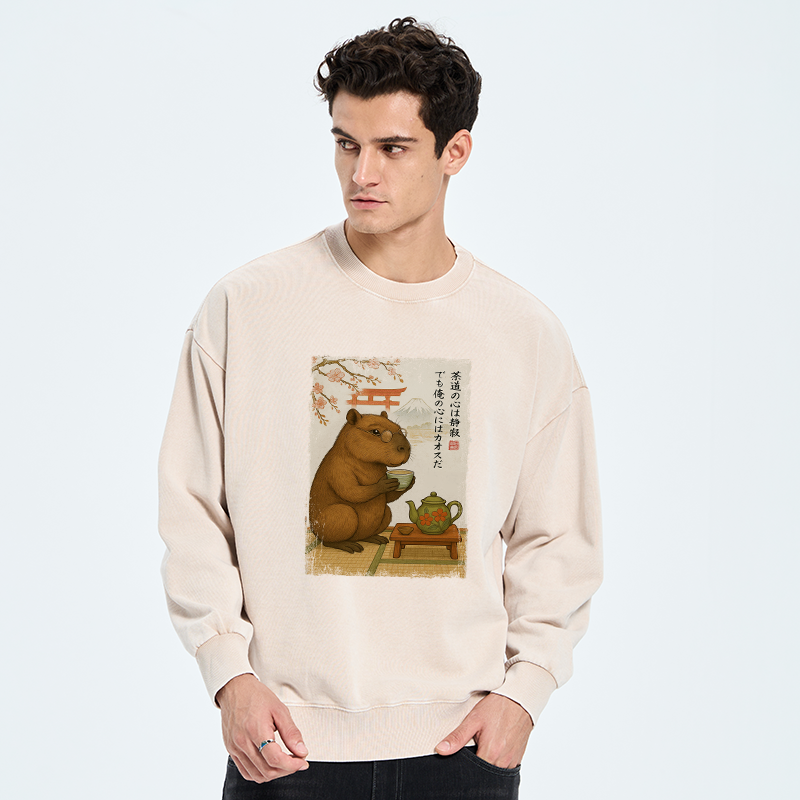 Tokyo-Tiger Tea Time With a Capybara Washed Sweatshirt