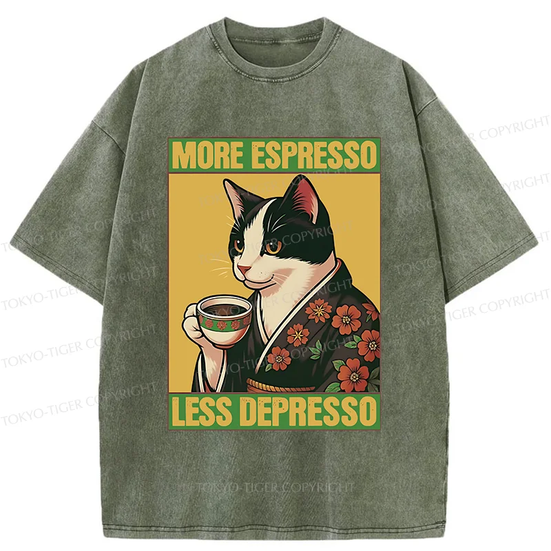Tokyo-Tiger Tuxedo Cat Drinking Coffee Washed T-Shirt