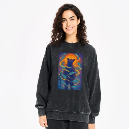 Tokyo-Tiger Ukiyoe Bear and Fish Vintage Poster Washed Sweatshirt