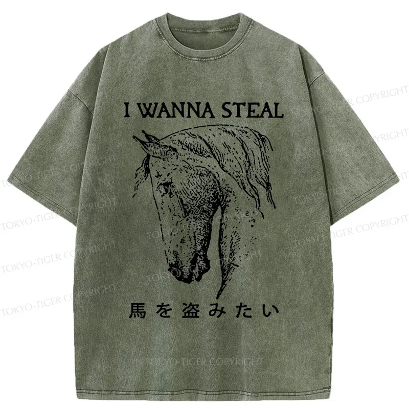 Tokyo-Tiger Funny Horse Washed T-Shirt