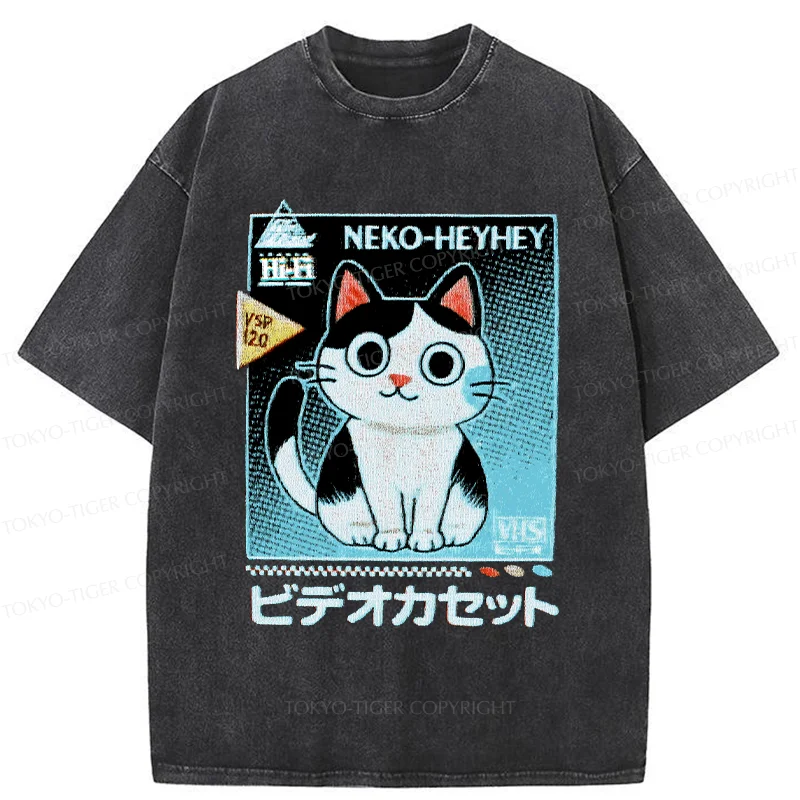 Tokyo-Tiger Retro Cat Videos Washed T-Shirt