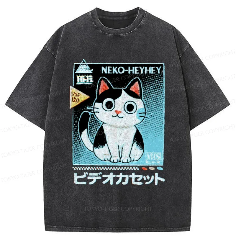 Tokyo-Tiger Retro Cat Videos Washed T-Shirt