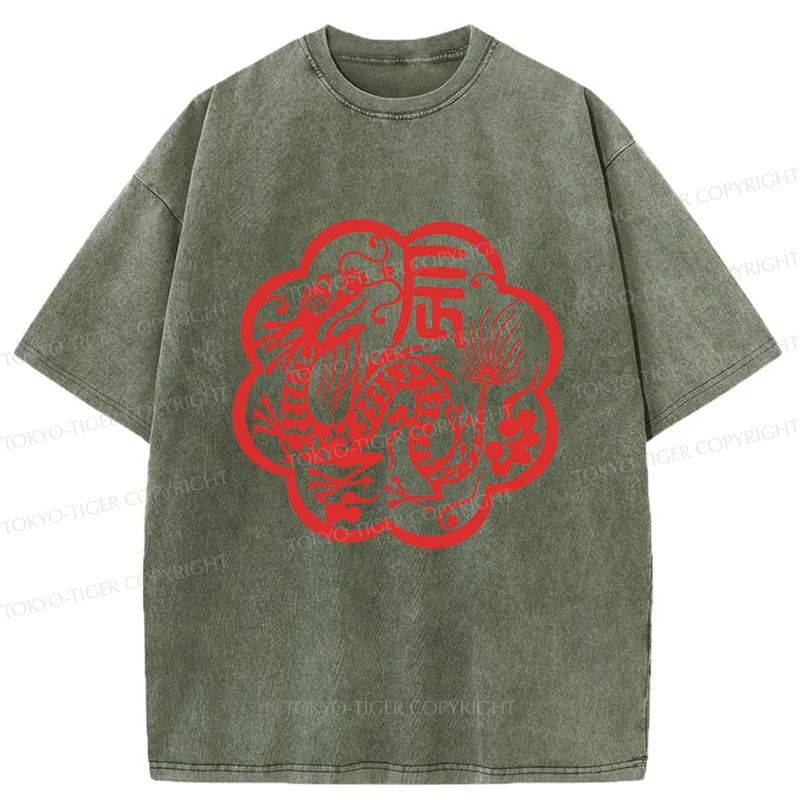 Tokyo-Tiger Dragon Paper Cutting Washed T-Shirt