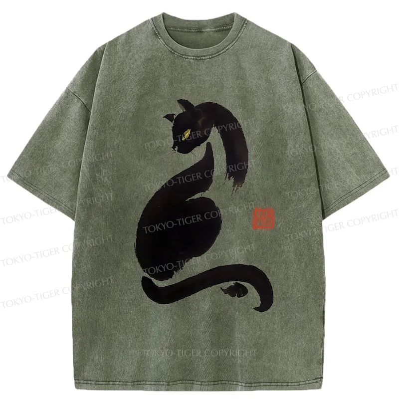 Tokyo-Tiger Elegant Black Cat Washed T-Shirt