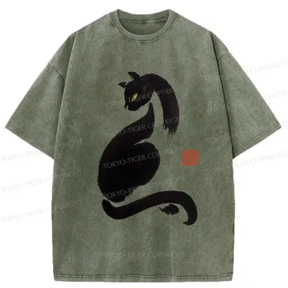 Tokyo-Tiger Elegant Black Cat Washed T-Shirt