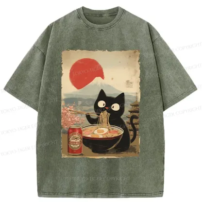 Tokyo-Tiger Cat Eating Ramen And Drinking Beer Washed T-Shirt