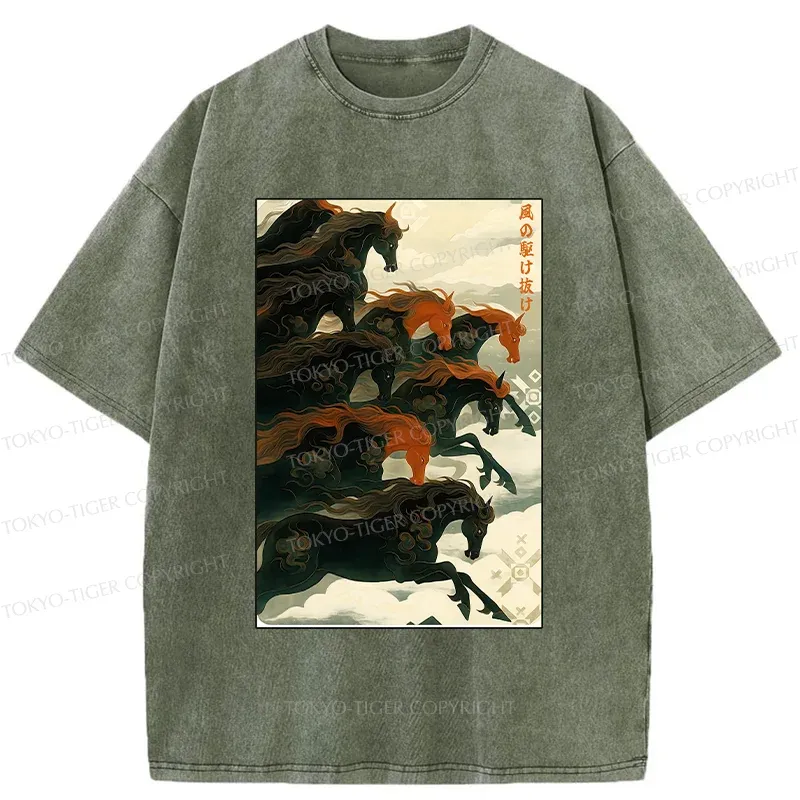 Tokyo-Tiger Galloping Horses Washed T-Shirt Sale