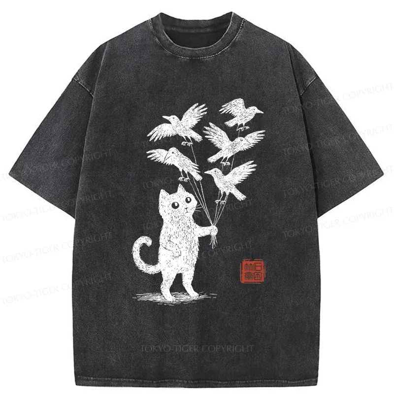 Tokyo-Tiger Cat And The Captured Crow Washed T-Shirt