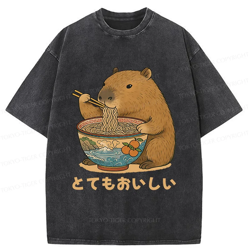 Tokyo-Tiger Capybara Eating Ramen Japan Washed T-Shirt