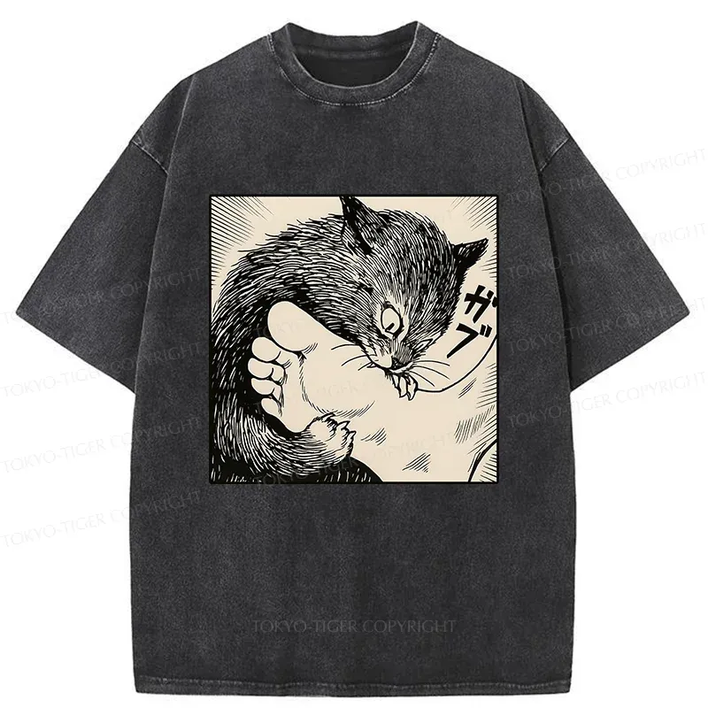 Tokyo-Tiger Cat Bites Feet Washed T-Shirt