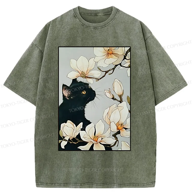 Tokyo-Tiger Cat Under Magnolia Blossoms Washed T-Shirt
