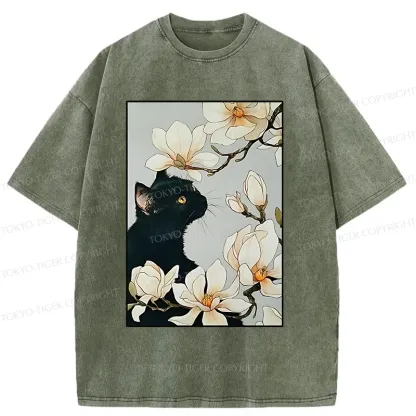 Tokyo-Tiger Cat Under Magnolia Blossoms Washed T-Shirt