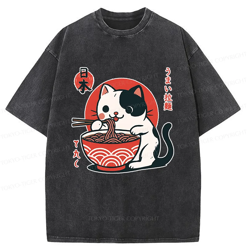 Tokyo-Tiger Cute Kitten Eating Ramen Washed T-Shirt