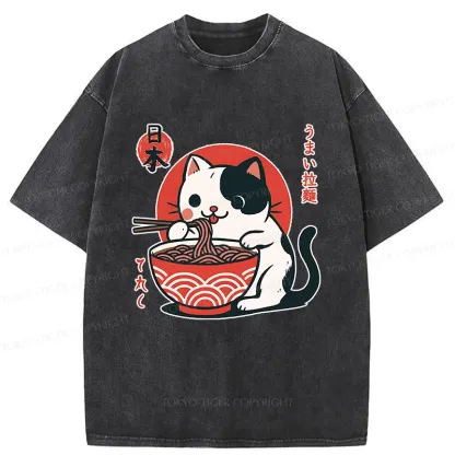 Tokyo-Tiger Cute Kitten Eating Ramen Washed T-Shirt