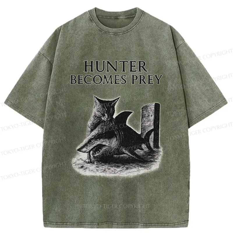 Tokyo-Tiger Cat Eats Shark Washed T-Shirt