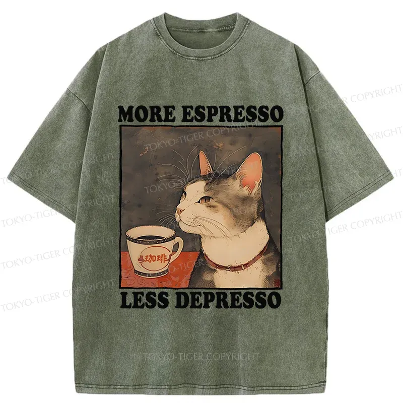 Tokyo-Tiger Cute Cat Drinking Coffee Washed T-Shirt